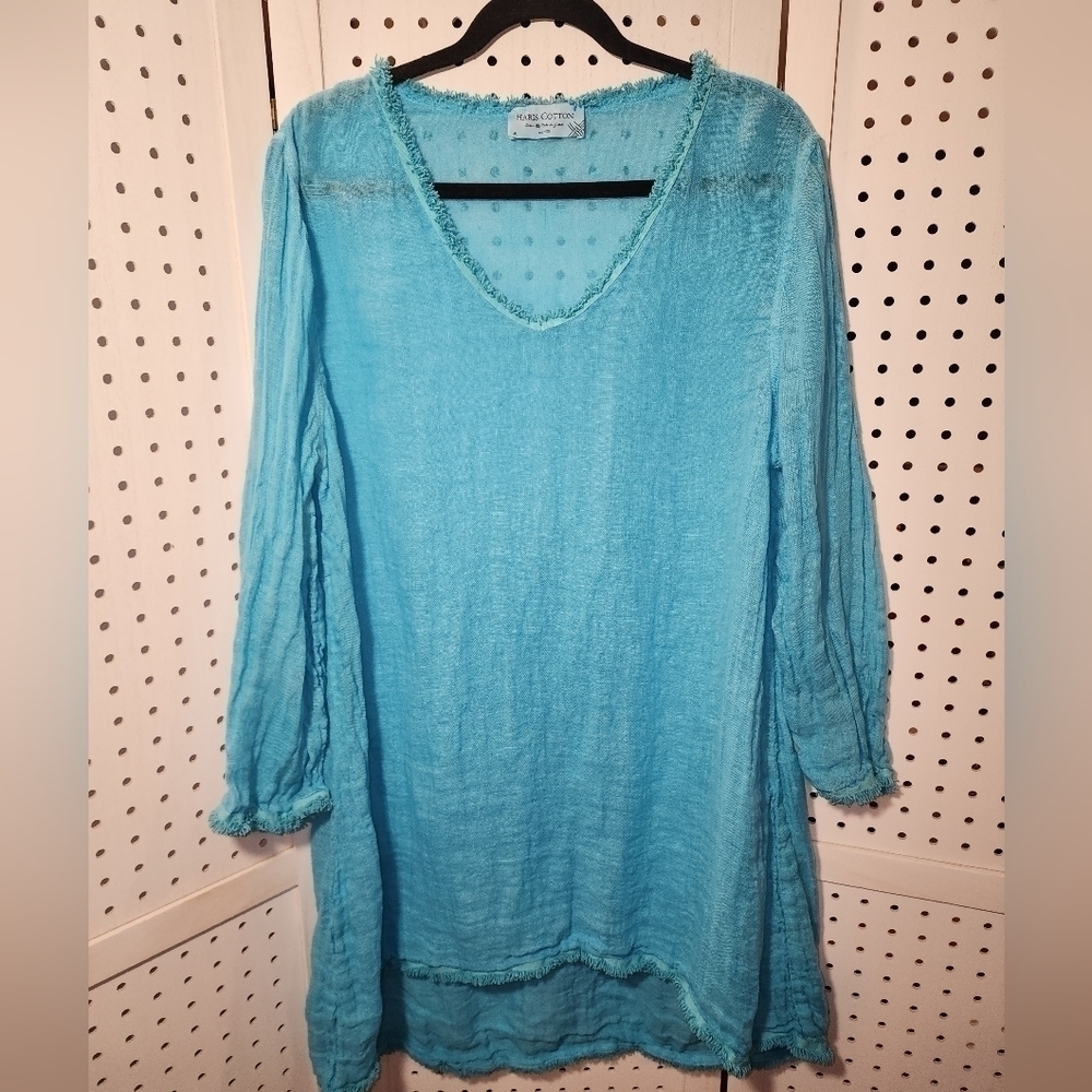Harris Cotton Medium Linen Cover up Dress Fringe Aqua Blue Fringe Medium